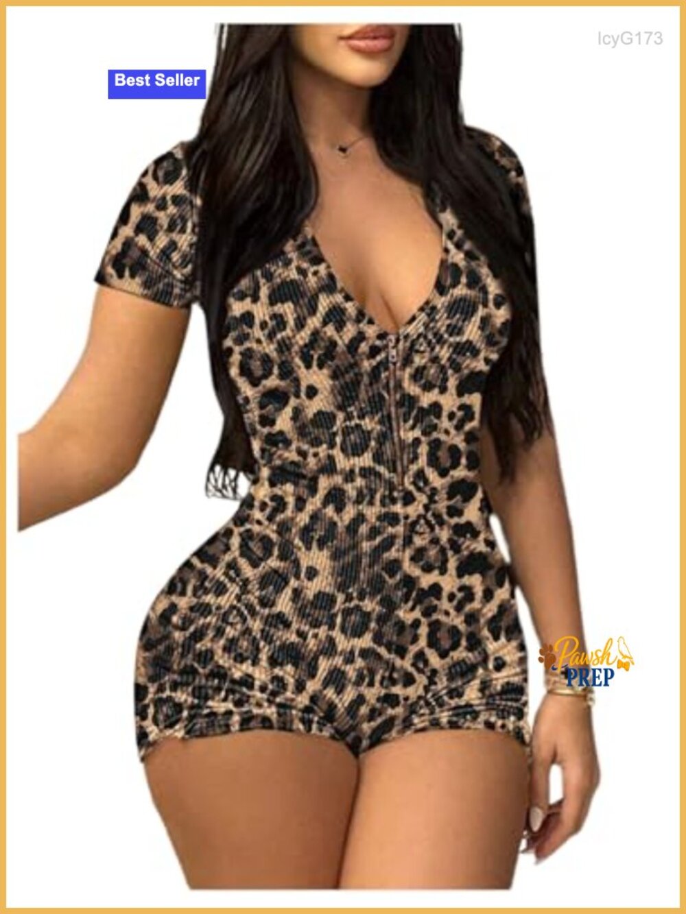 Women's Cheetah Print One Piece Jumpsuit Romper Half Zip Short Sleeve Ribbed